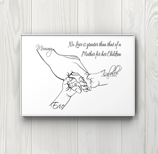 Personalised Mummy hand 2 children A4 Print UNFRAMED