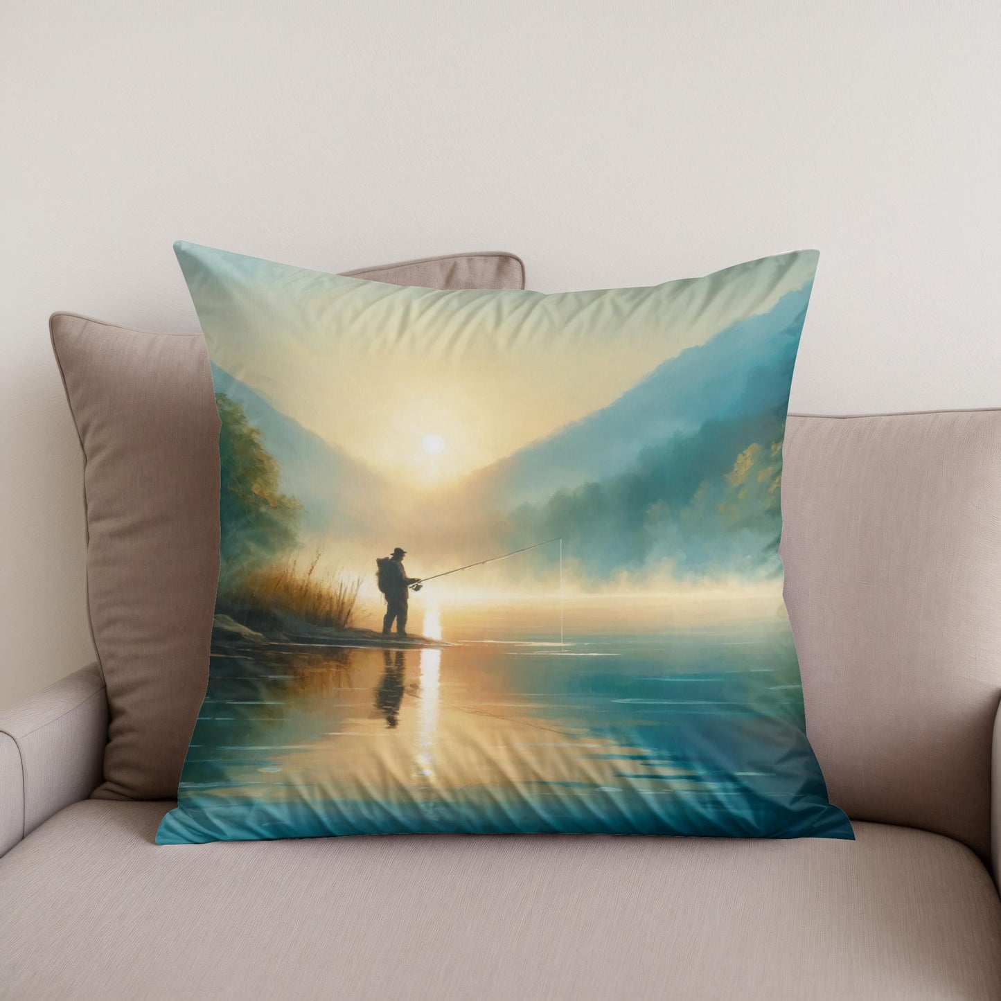 Tranquil Dawn Fishing Cotton Cushion