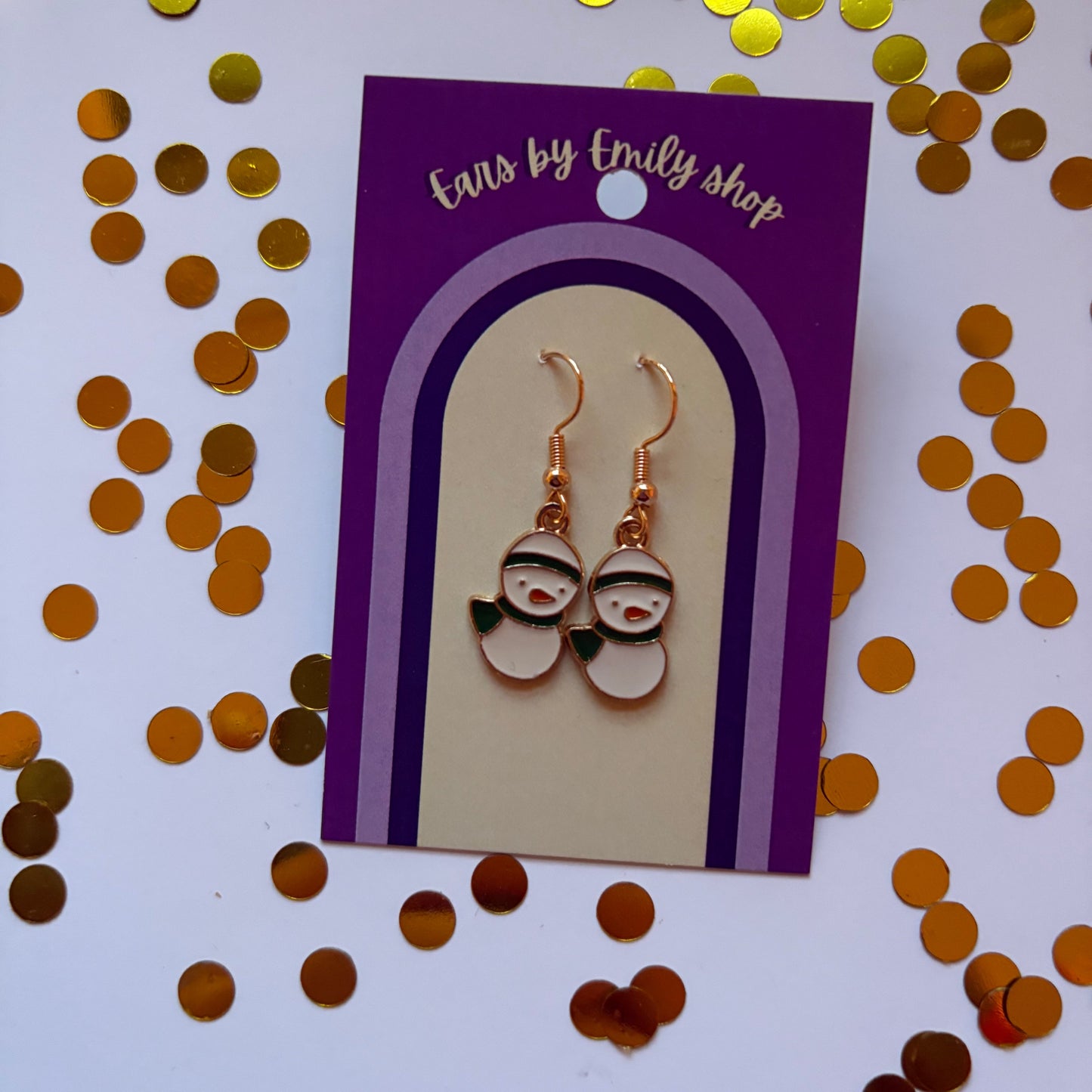 Gold and white Christmas duck snowman dangle earrings on gold plated hooks