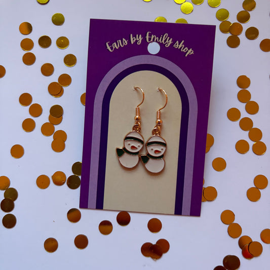 Gold and white Christmas duck snowman dangle earrings on gold plated hooks