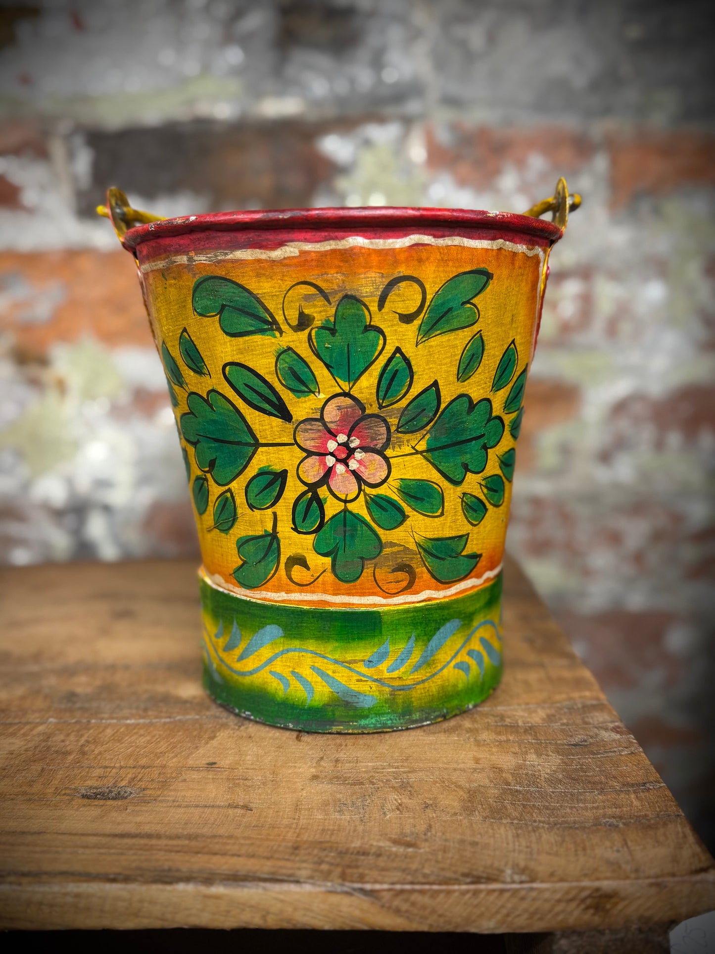 Vintage Small Hand Painted Bucket / Plant Pot / Herb Planter / yellow / Pail