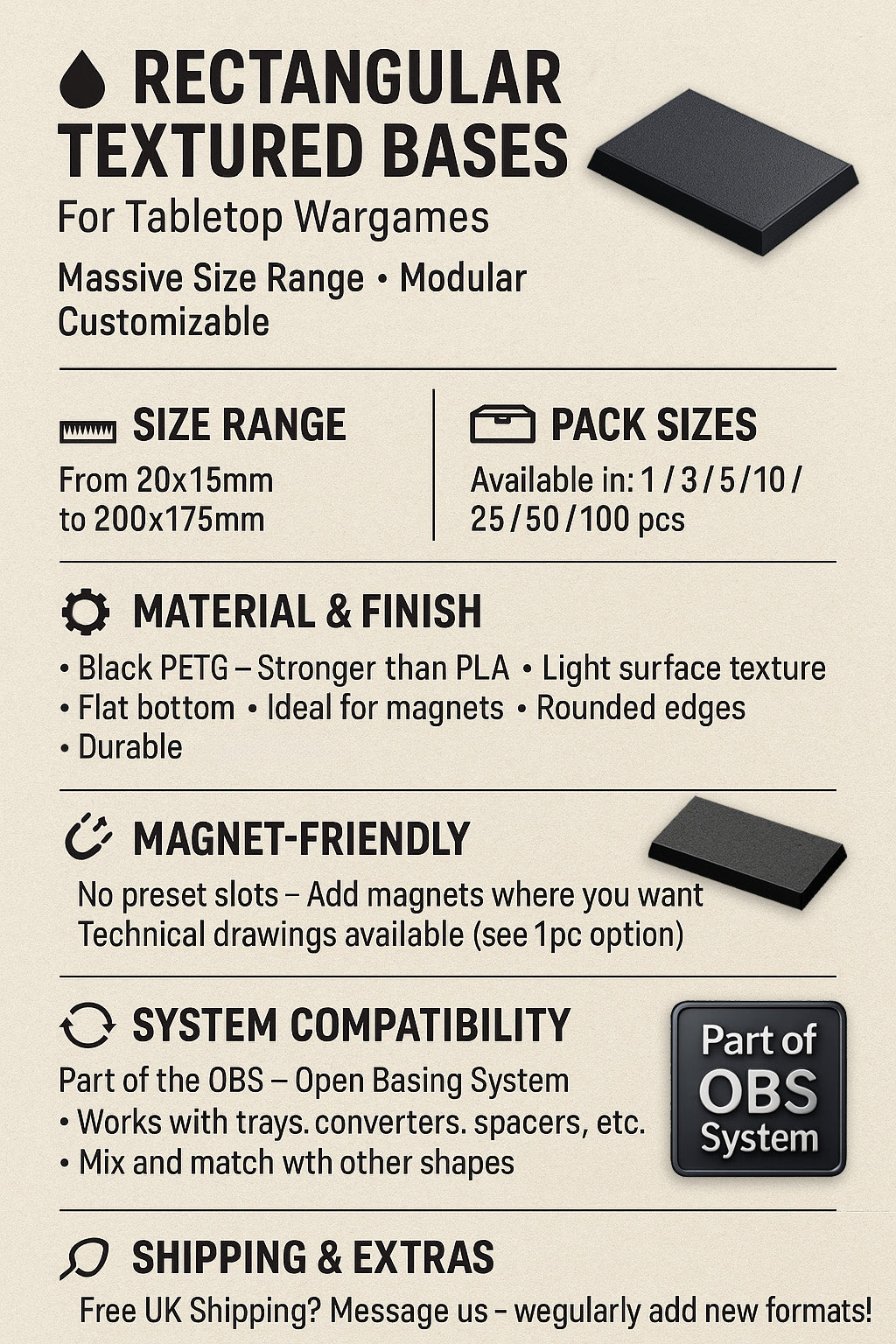 Rectangle Bases Medium Sizes - 75x30mm to 125x40mm and up to 100x90mm Wide - 3D Print Tabletop Games