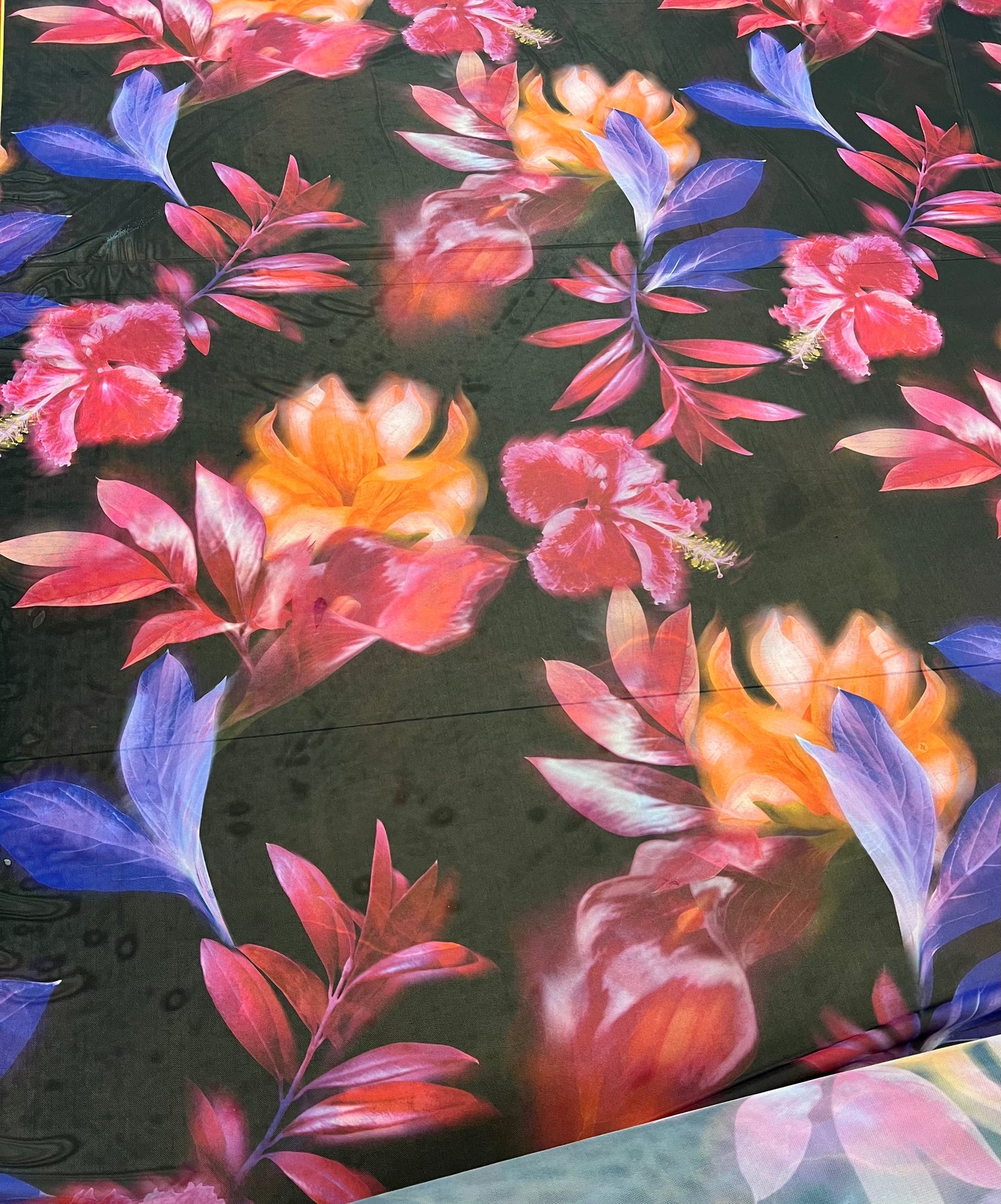 Large Black Floral Print Mesh Fabric Stretch