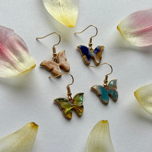 Colourful marble effect gold butterfly earrings