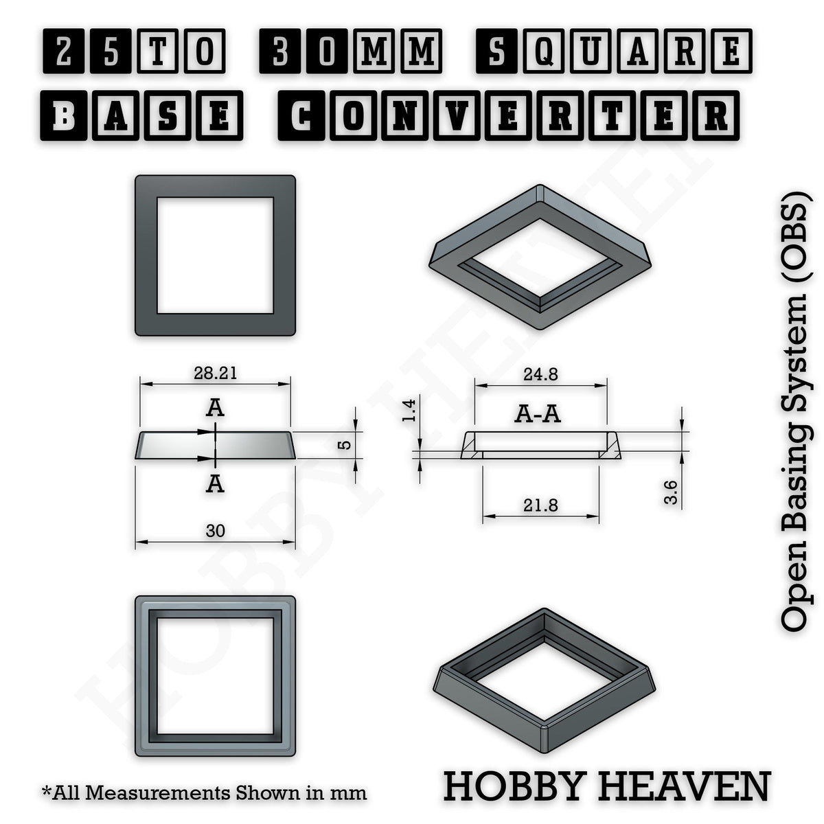 25mm to 30mm Square Base Converters ABS Plastic
