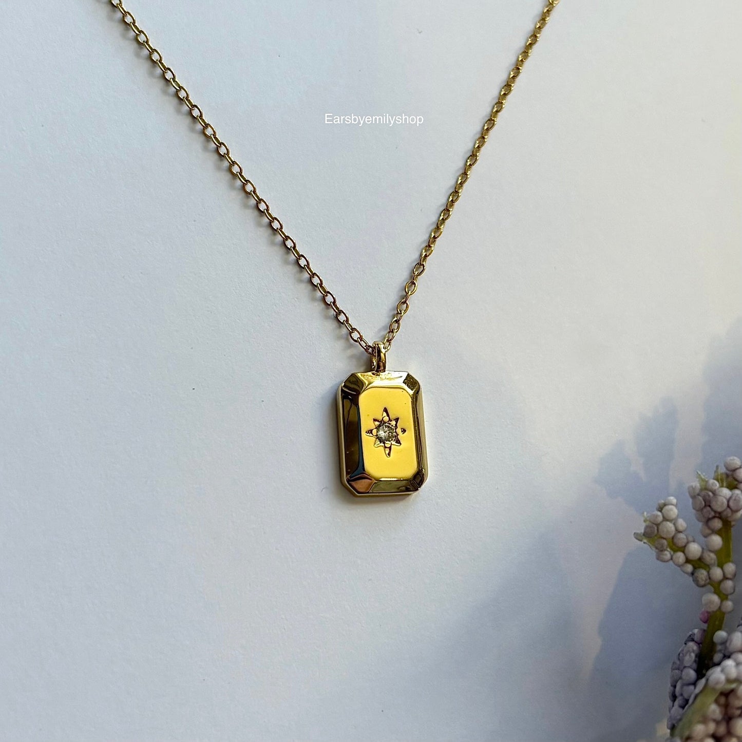 Gold plated rectangle pendant with white crystal diamanté necklace