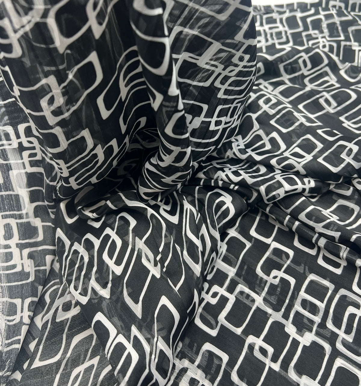Black White Rectangles Printed Chiffon Dress Fabric