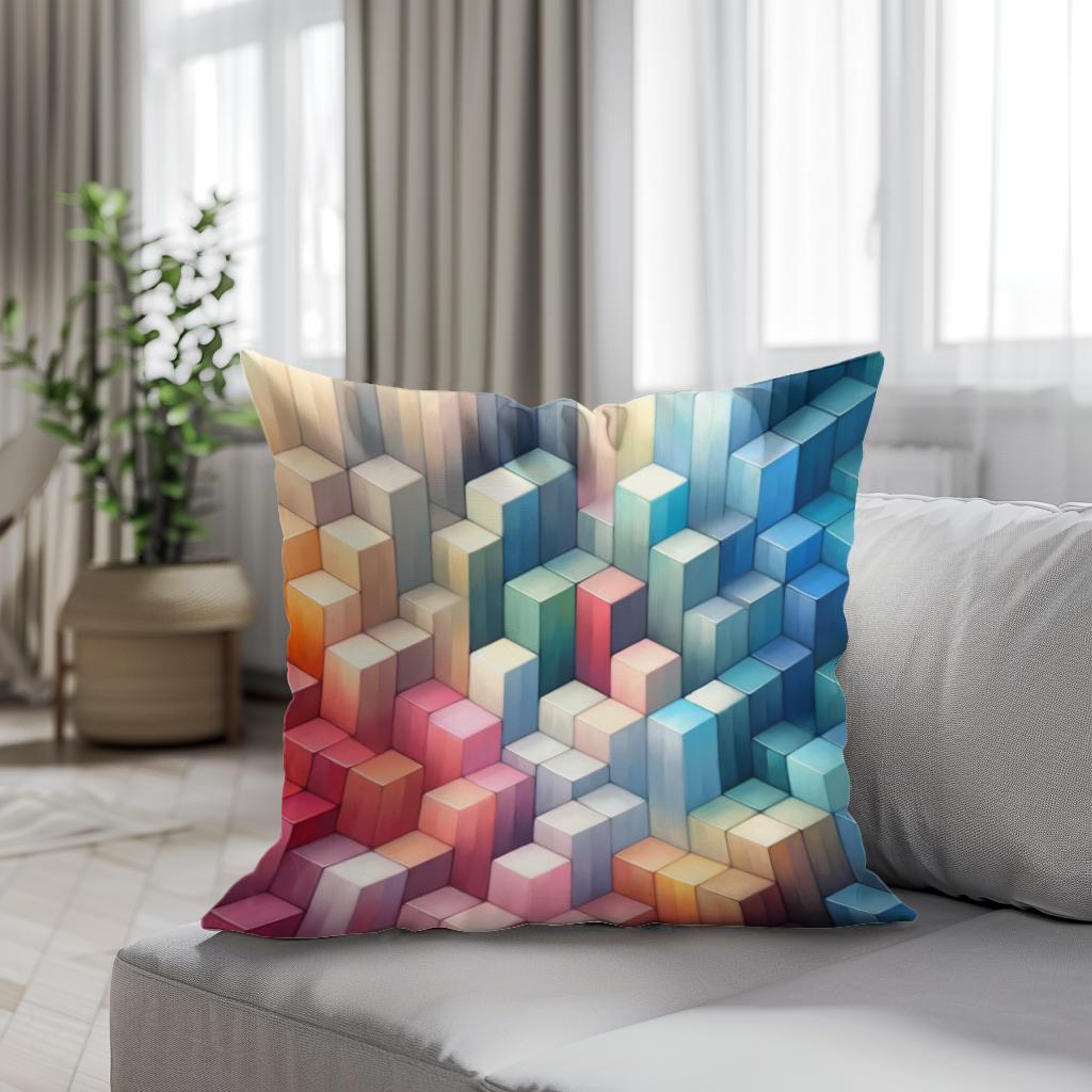 Pastel Serenity Cube Mosaic Cotton Cushion
