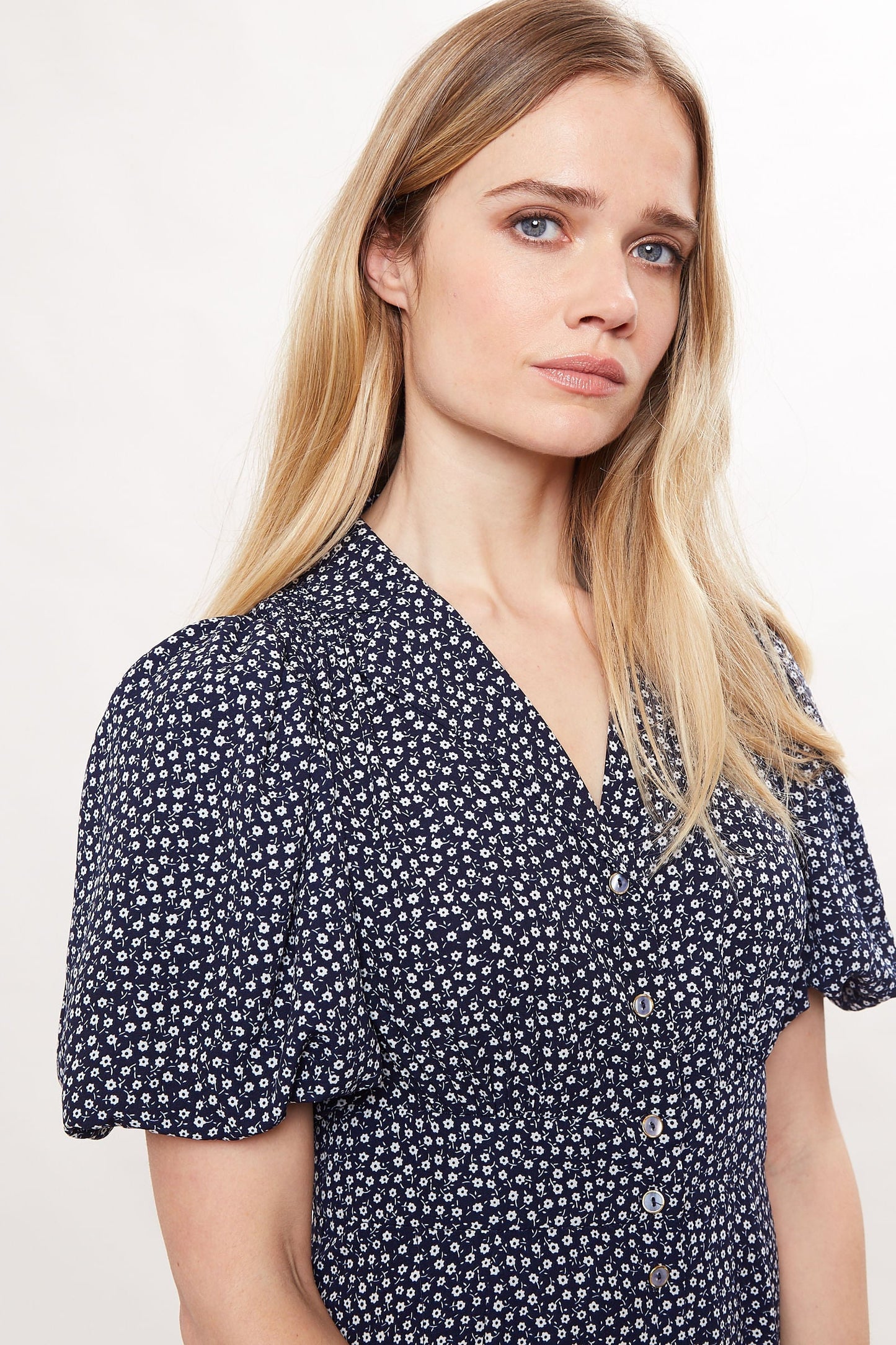 Louche Echo Mono Fleur Print Balloon Sleeve Midi Dress