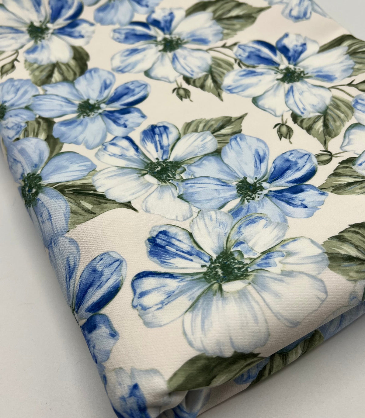 Ivory Blue Floral Compact Crepe Fabric 2 Way Stretch