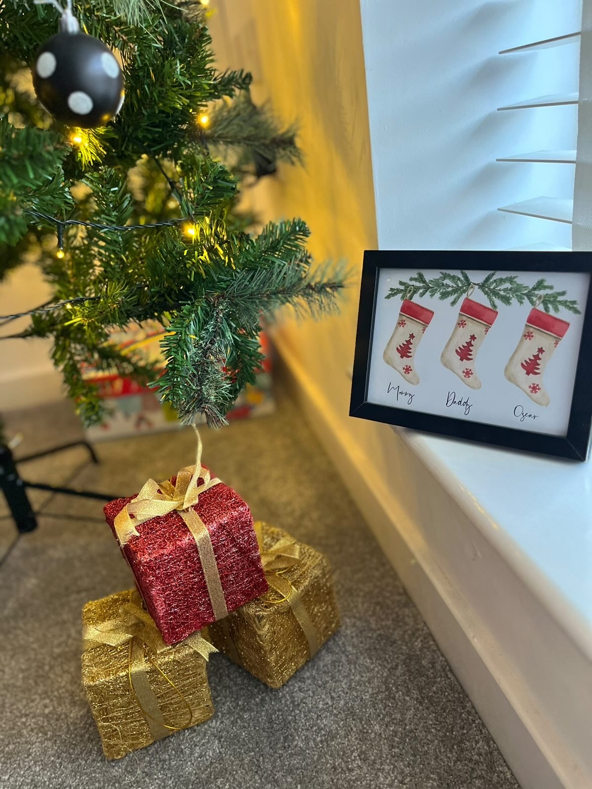 Personalised Christmas Stocking Names Winter Christmas Seasonal Wall Home Decor Print - Upto 6 Stockings