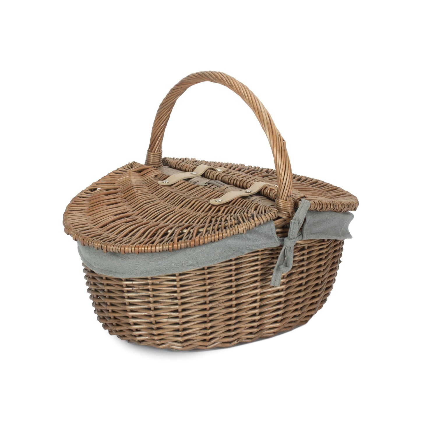 Antique Wash Oval Willow Picnic Basket with Sage Grey Lining