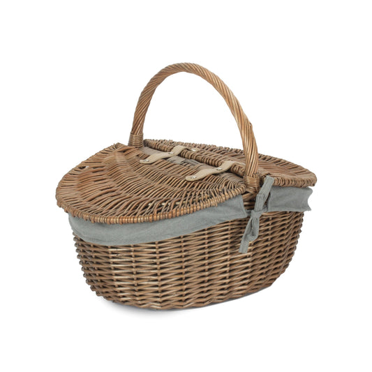 Antique Wash Oval Willow Picnic Basket with Sage Grey Lining