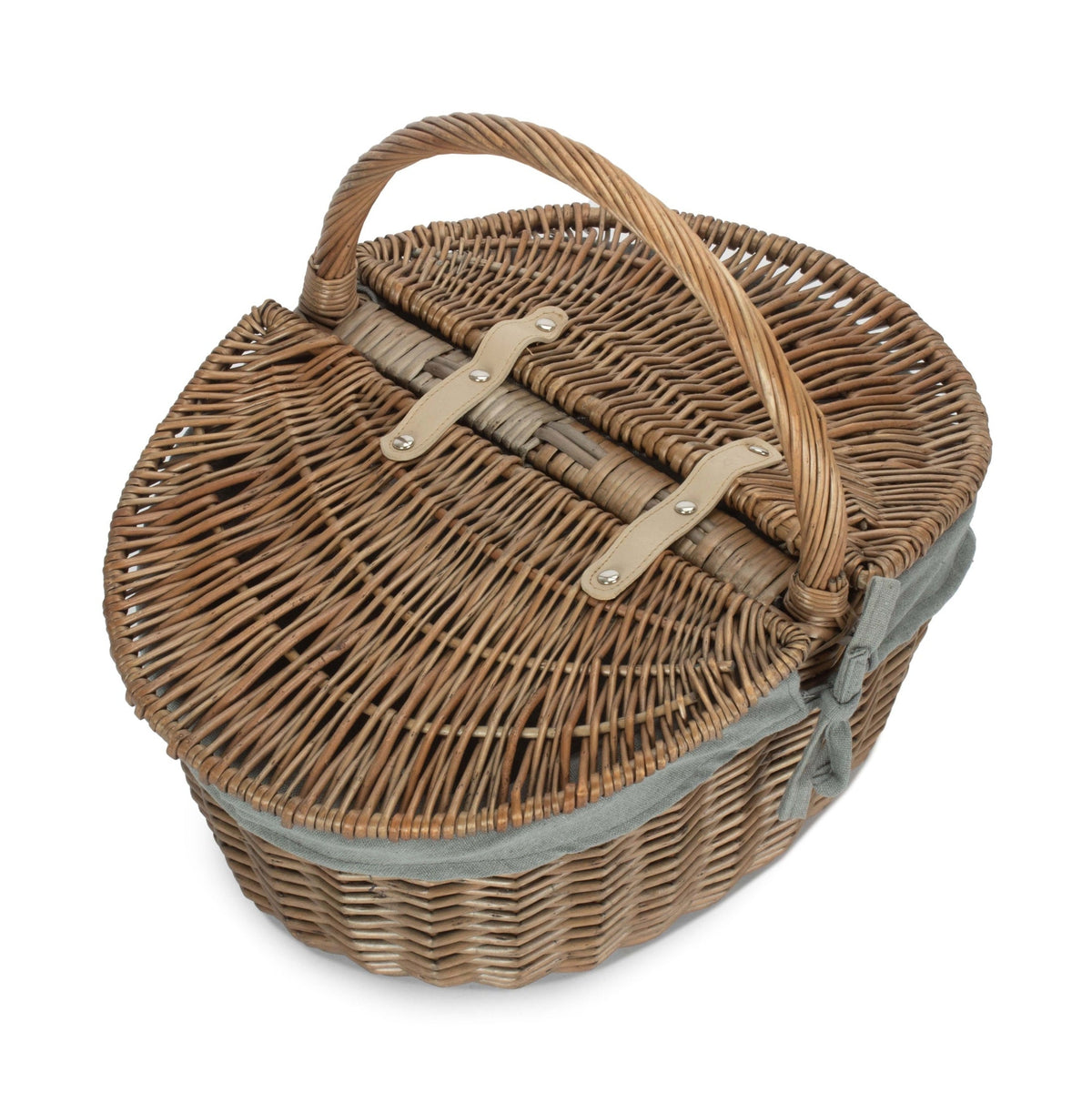 Antique Wash Oval Willow Picnic Basket with Sage Grey Lining