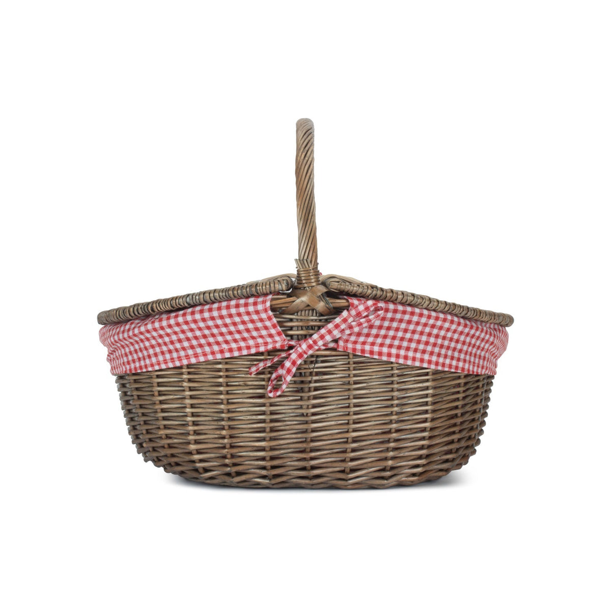 Antique Wash Finish Willow Oval Picnic Basket with Red & White Checked Lining