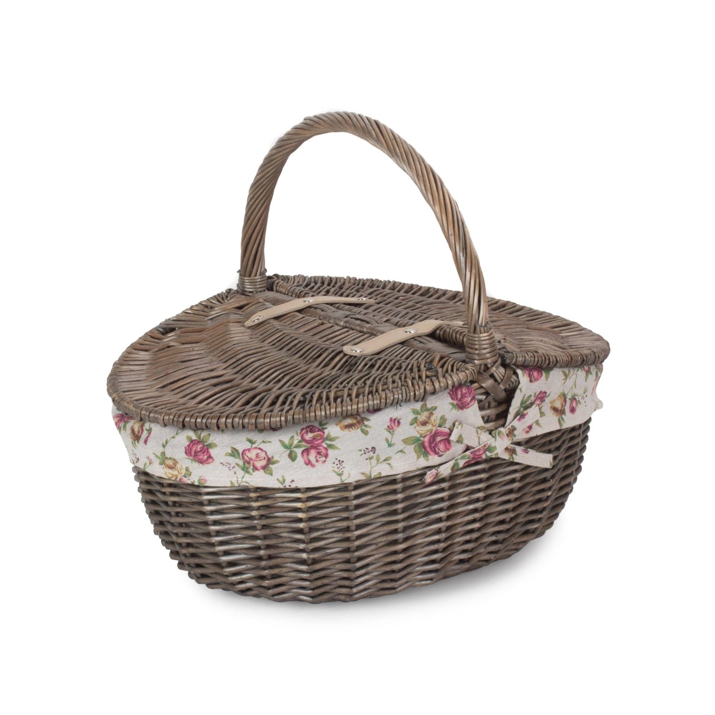 Antique Wash Finish Willow Oval Picnic Basket with Garden Rose Lining