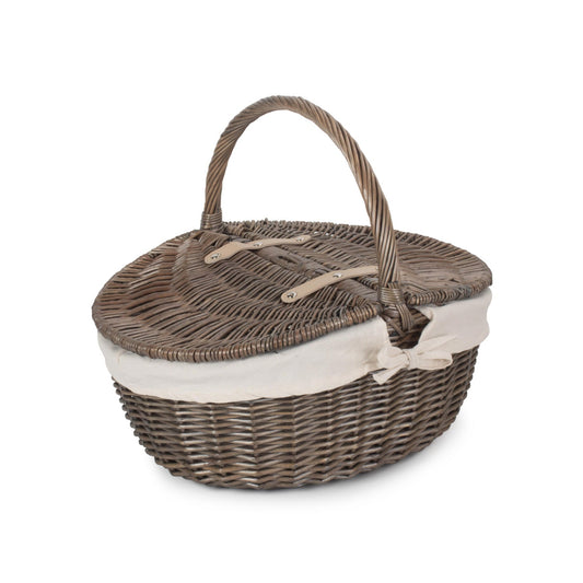 Antique Wash Finish Willow Oval Picnic Basket with White Lining