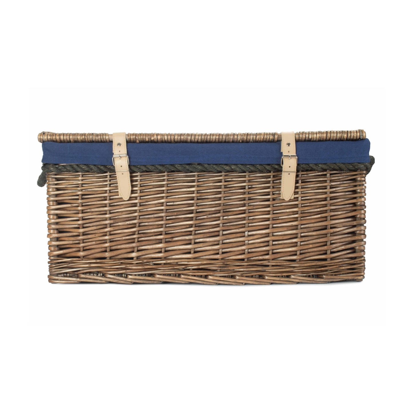 24 Inch Antique Wash Willow Rope Handled Trunk with Navy Blue Lining