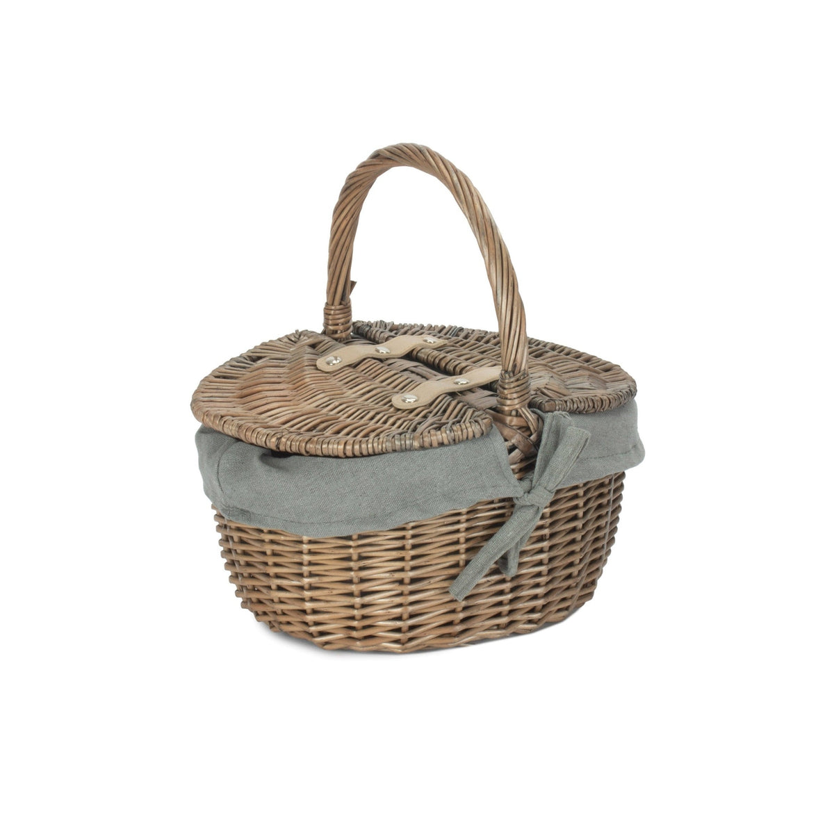 Small Antique Wash Finish Willow Oval Picnic Basket  with Grey Sage Lining