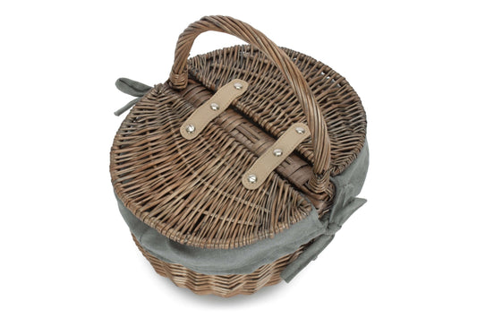 Small Antique Wash Finish Willow Oval Picnic Basket  with Grey Sage Lining