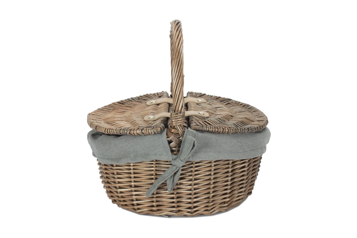 Small Antique Wash Finish Willow Oval Picnic Basket  with Grey Sage Lining