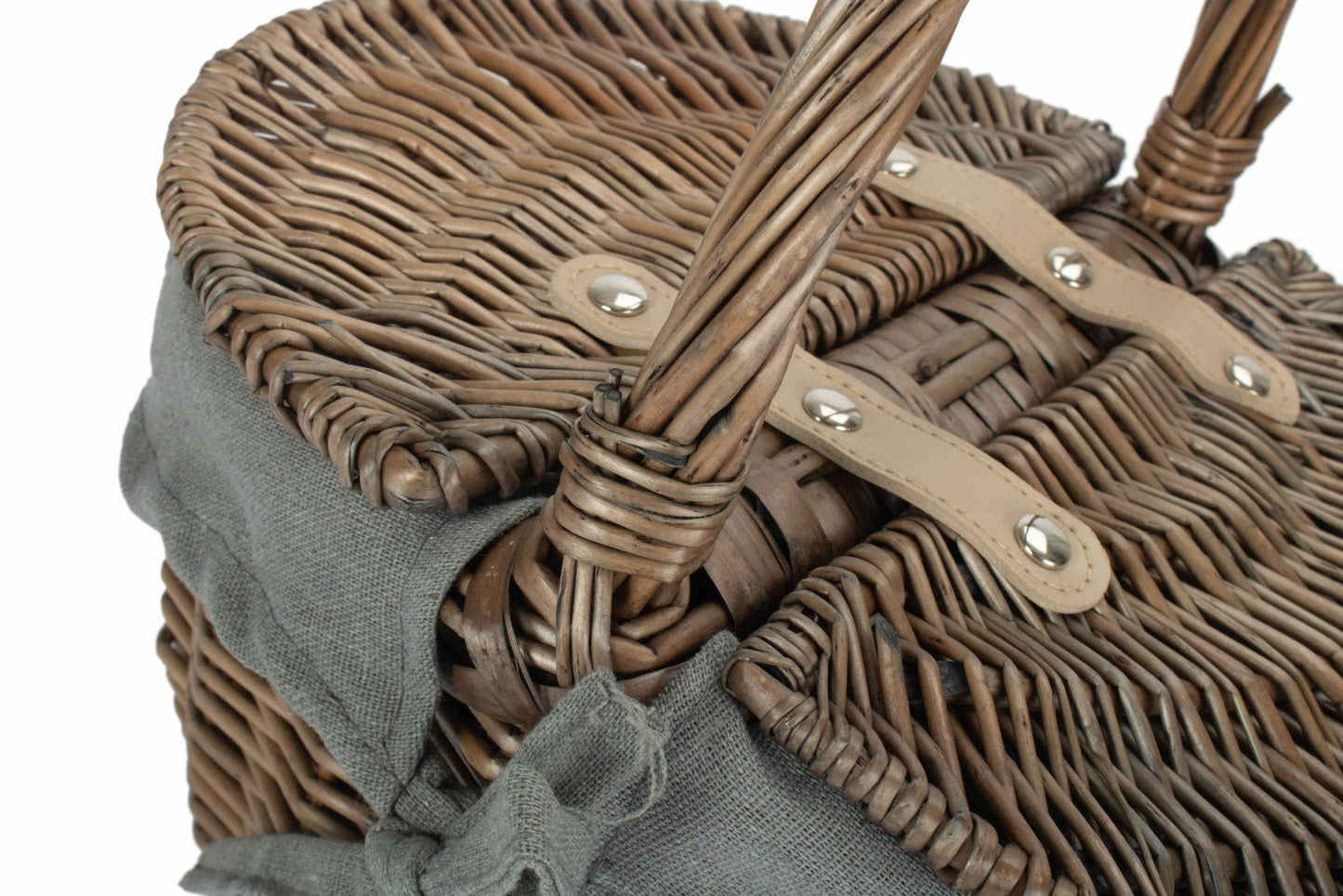 Small Antique Wash Finish Willow Oval Picnic Basket  with Grey Sage Lining