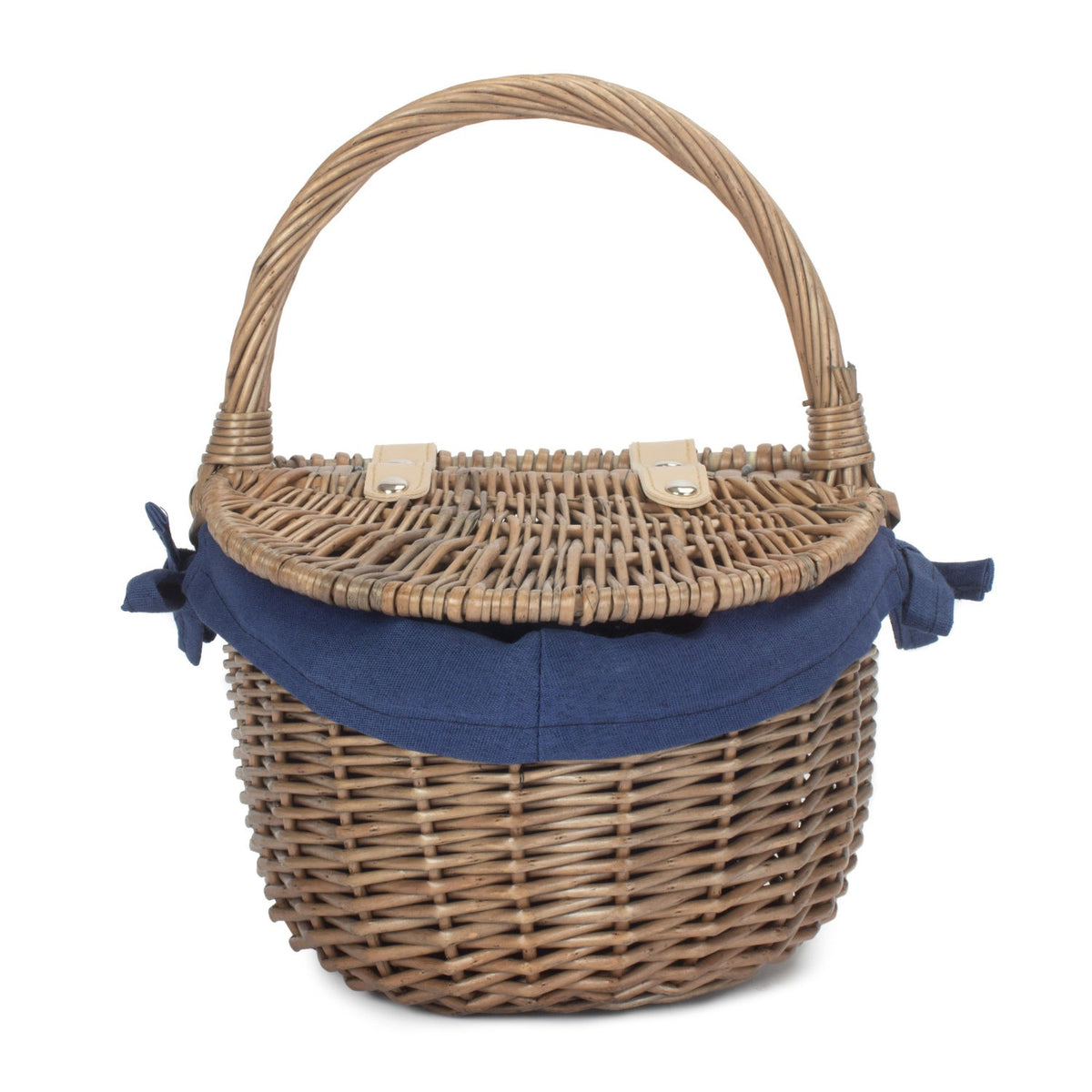 Small Antique Wash Finish Willow Oval Picnic Basket with Navy Blue Lining