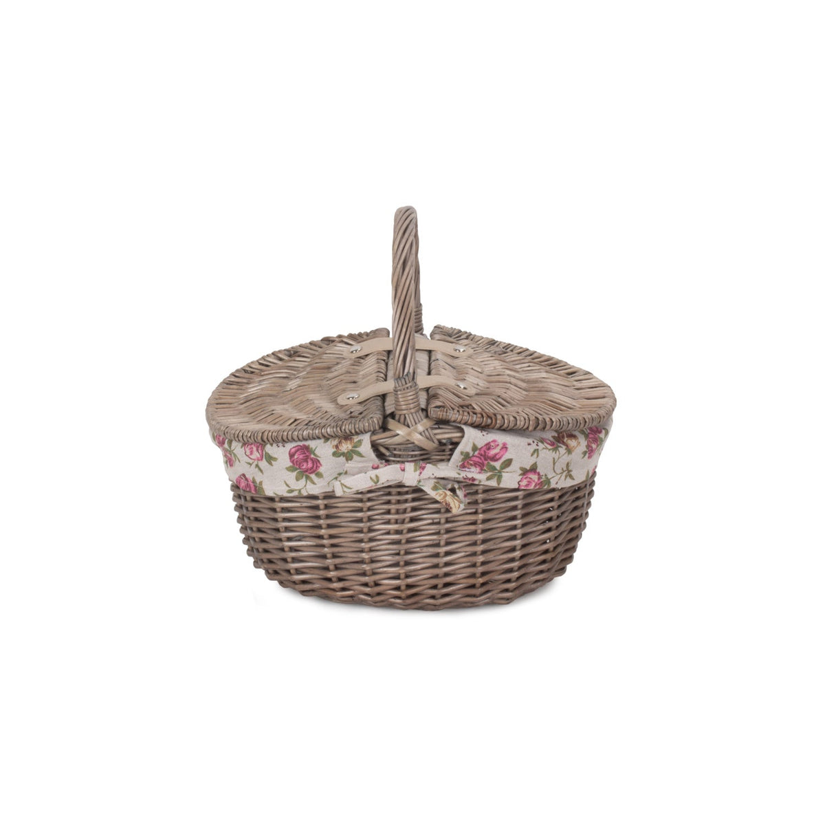 Small Antique Wash Finish Willow Oval Picnic Basket with Garden Rose Lining