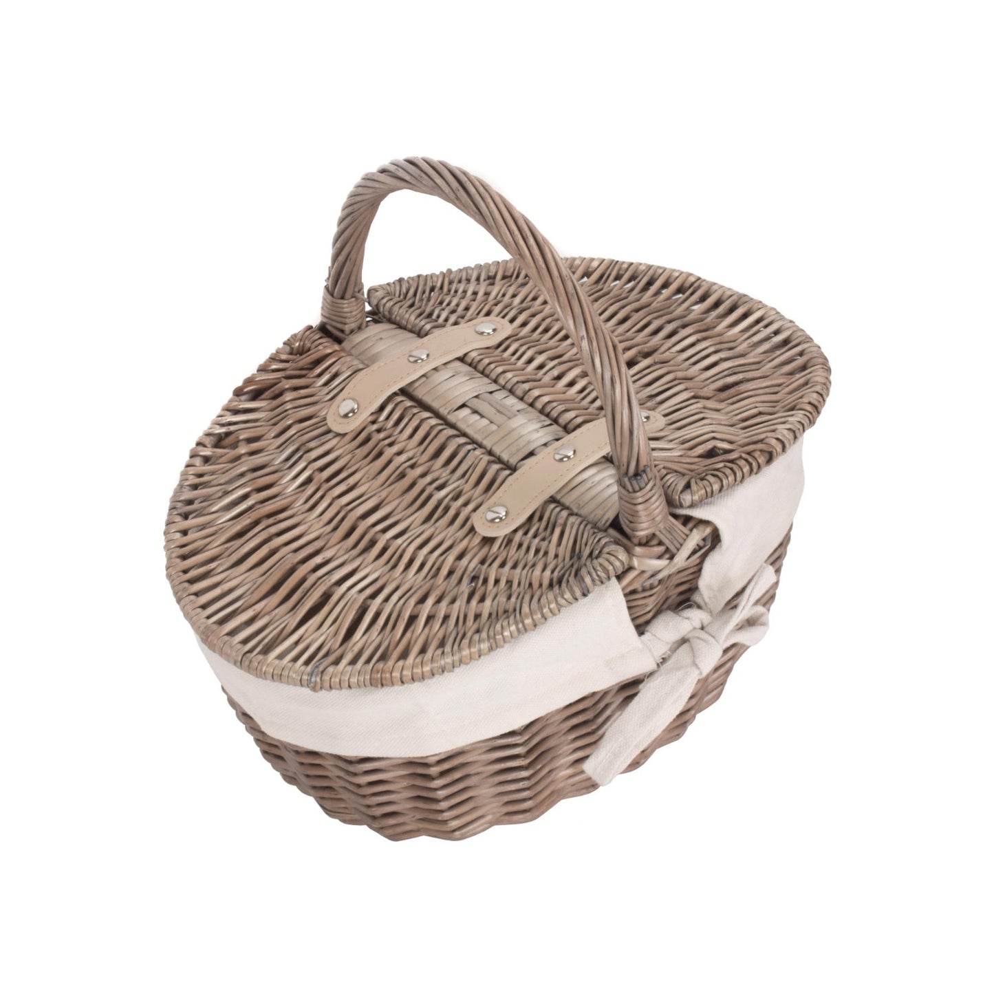 Small Antique Wash Finish Willow Oval Picnic Basket with White Lining