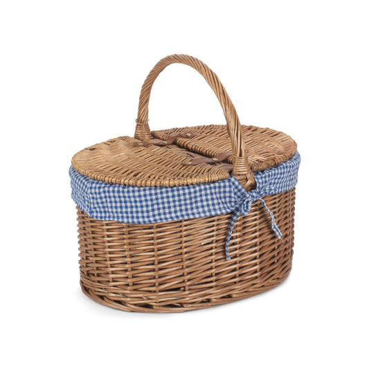 Light Steamed Willow Oval Lidded Picnic Hamper Basket with Blue & White Checked Lining
