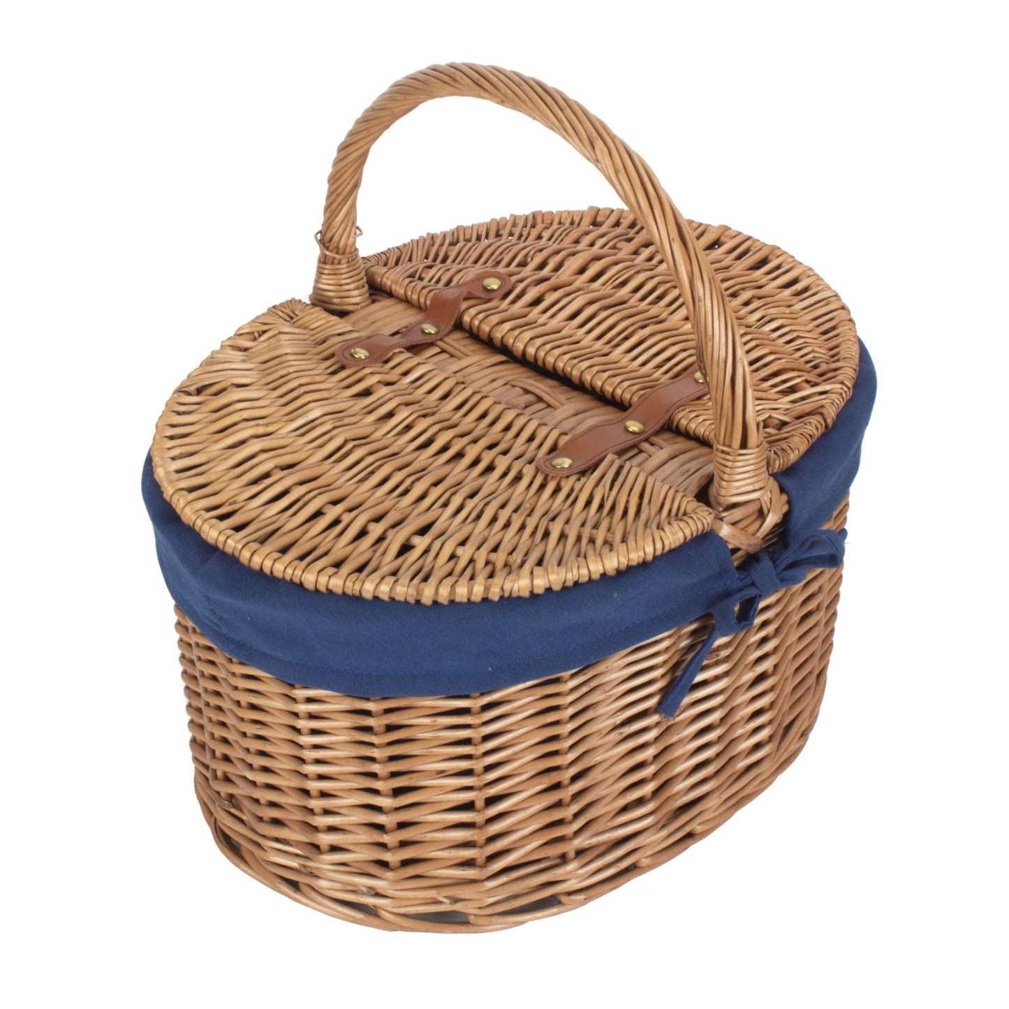 Light Steamed Willow Oval Lidded Picnic Hamper Basket with Navy Blue Lining