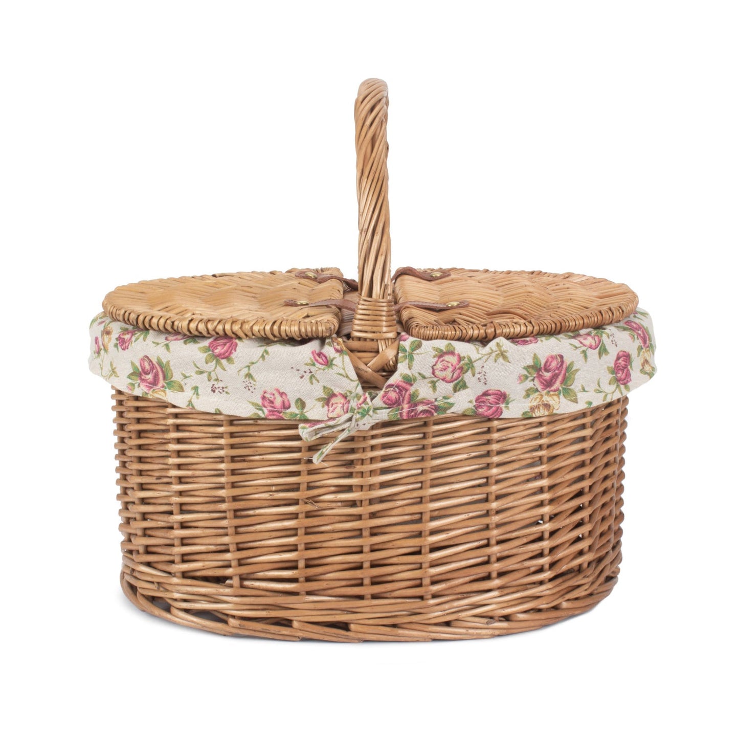 Light Steamed Willow Oval Lidded Picnic Hamper Basket with Garden Rose Lining