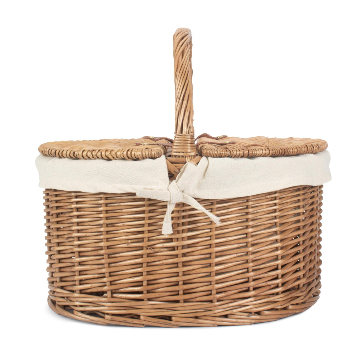 Light Steamed Willow Oval Lidded Picnic Hamper Basket with White Lining