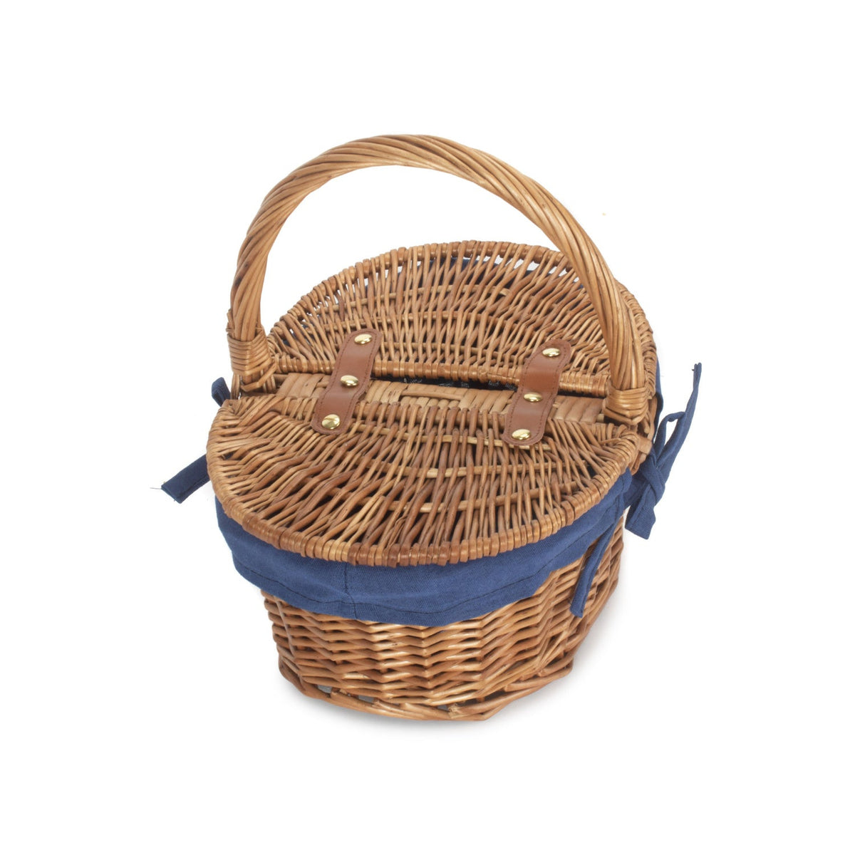 Child's Light Steamed Finish Willow Oval Picnic Basket with Navy Blue Lining