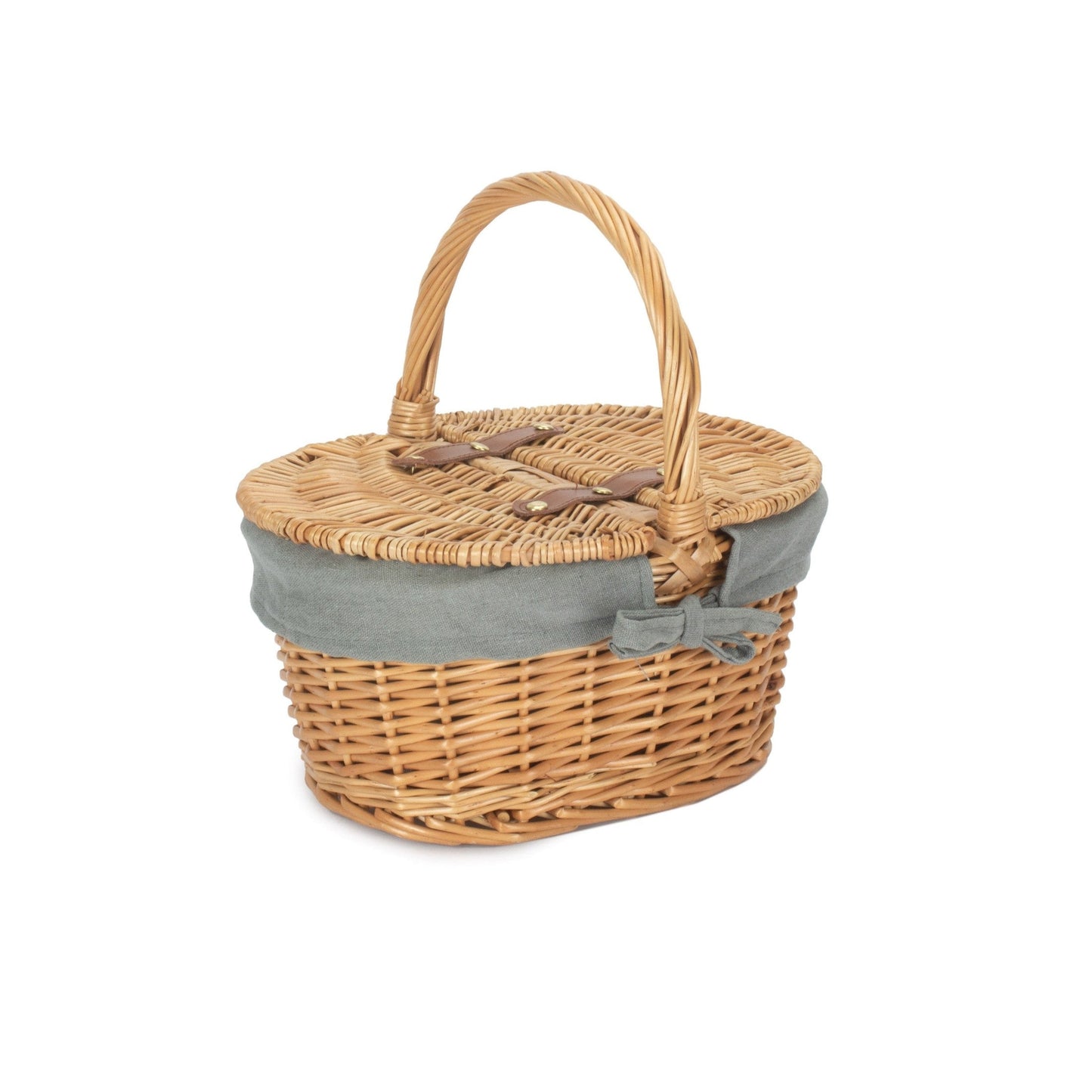 Deep Oval Willow Picnic Basket with Antique Wash with Grey Sage Lining