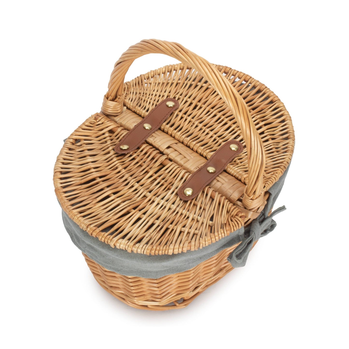 Deep Oval Willow Picnic Basket with Antique Wash with Grey Sage Lining