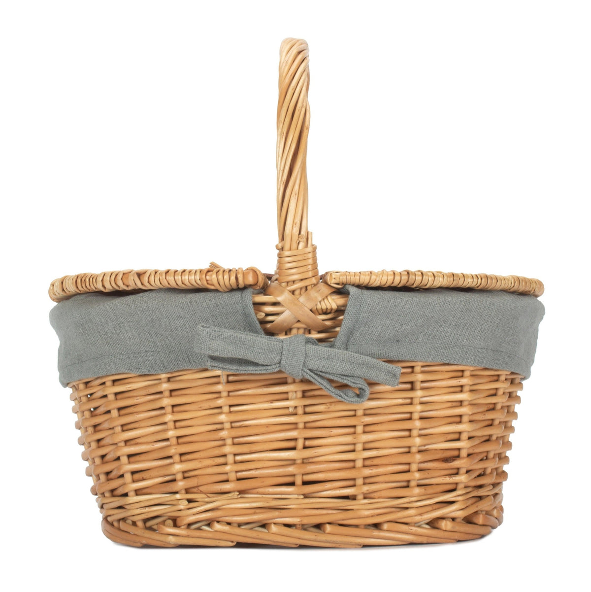Deep Oval Willow Picnic Basket with Antique Wash with Grey Sage Lining