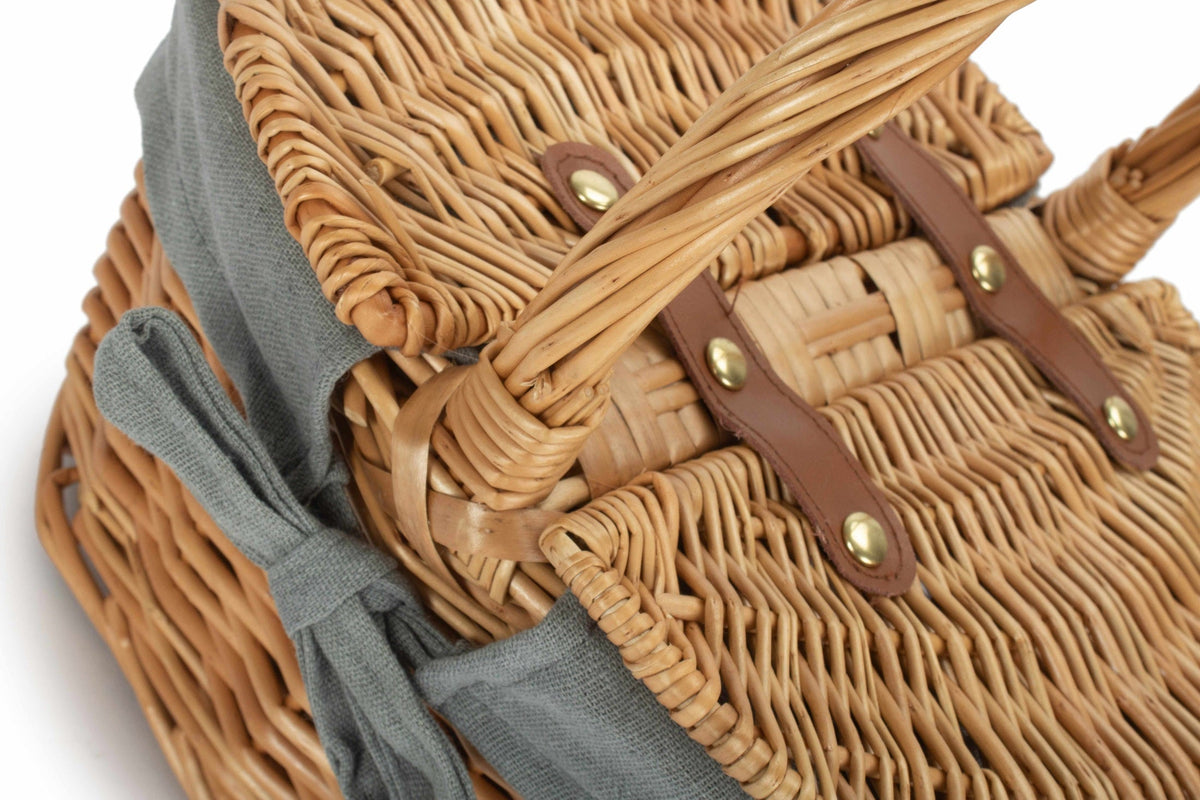 Deep Oval Willow Picnic Basket with Antique Wash with Grey Sage Lining