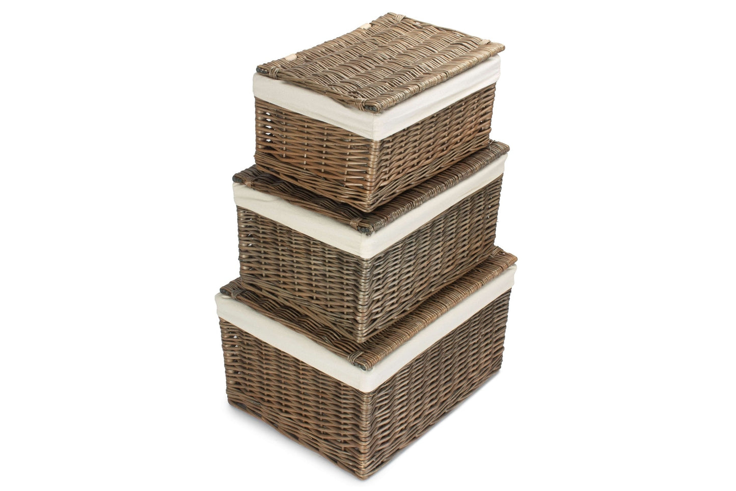 Antique Wash Willow Storage Hamper with White Lining Set 3