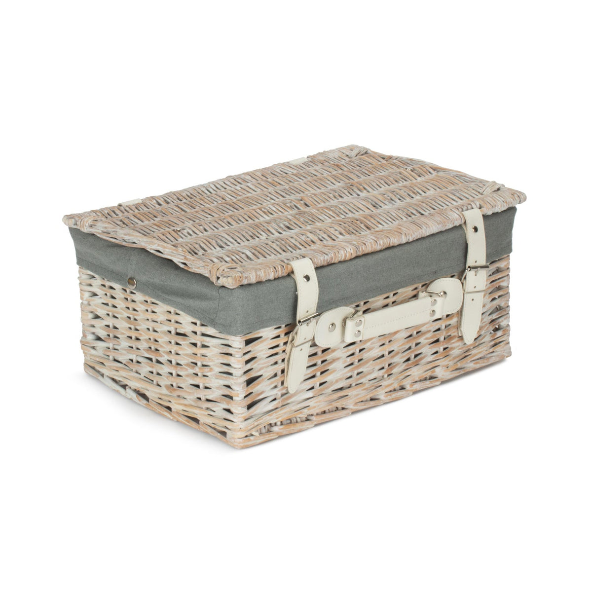 16 Inch White Wash Willow Hamper with Grey Sage Lining