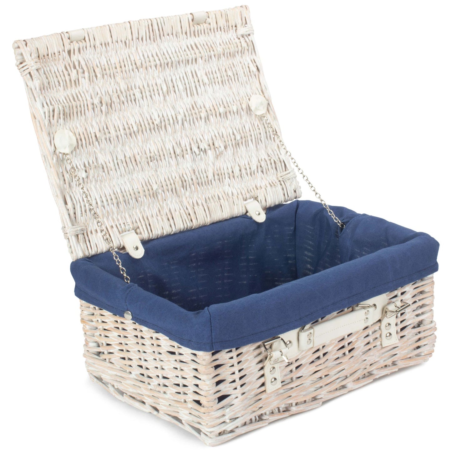 16 Inch White Wash Willow Hamper with Navy Blue Lining