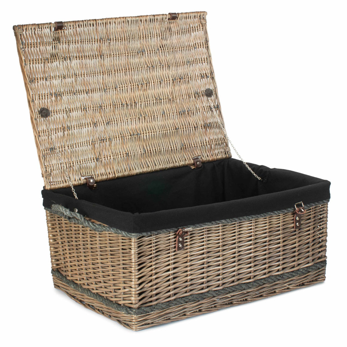 28 Inch Antique Wash Willow Rope Handled Hamper Trunk with Black Lining