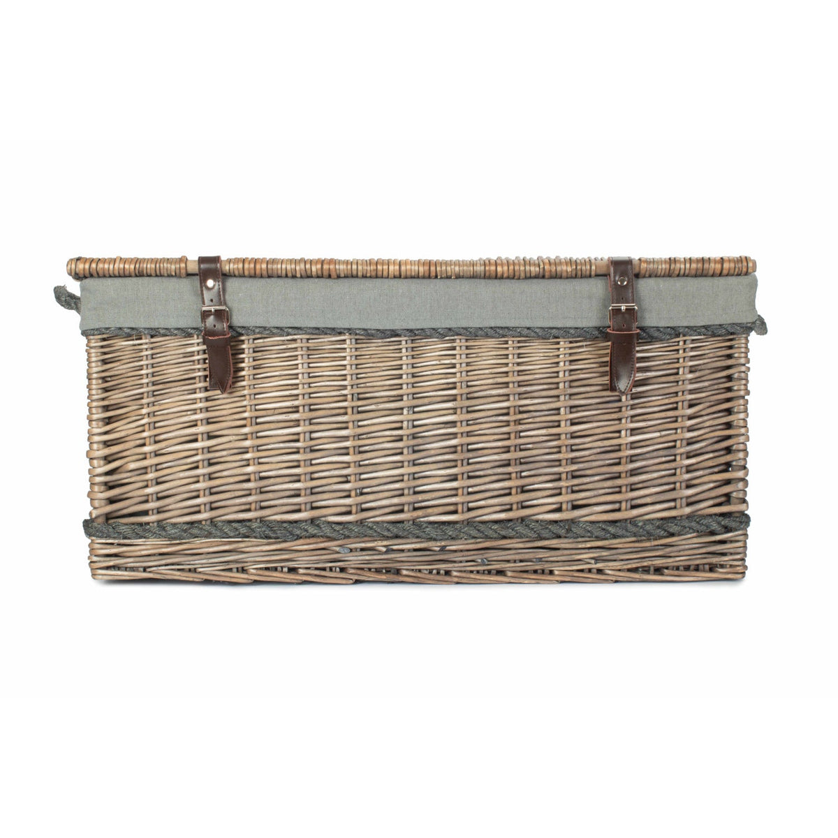 28 Inch Antique Wash Willow Rope Handled Hamper Trunk with Grey Sage Lining