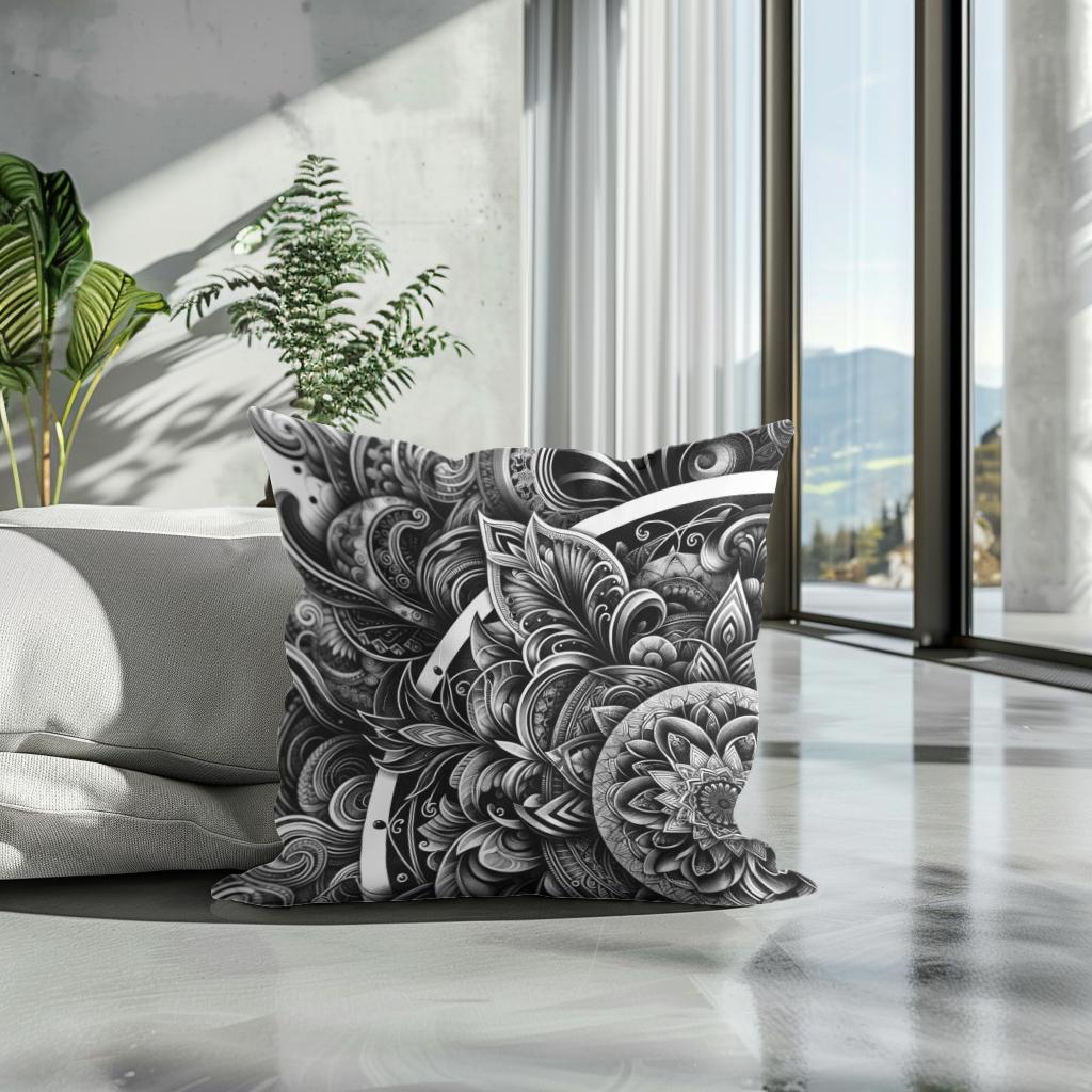 Inked Grace: Silver Line Elegance Cotton Cushion