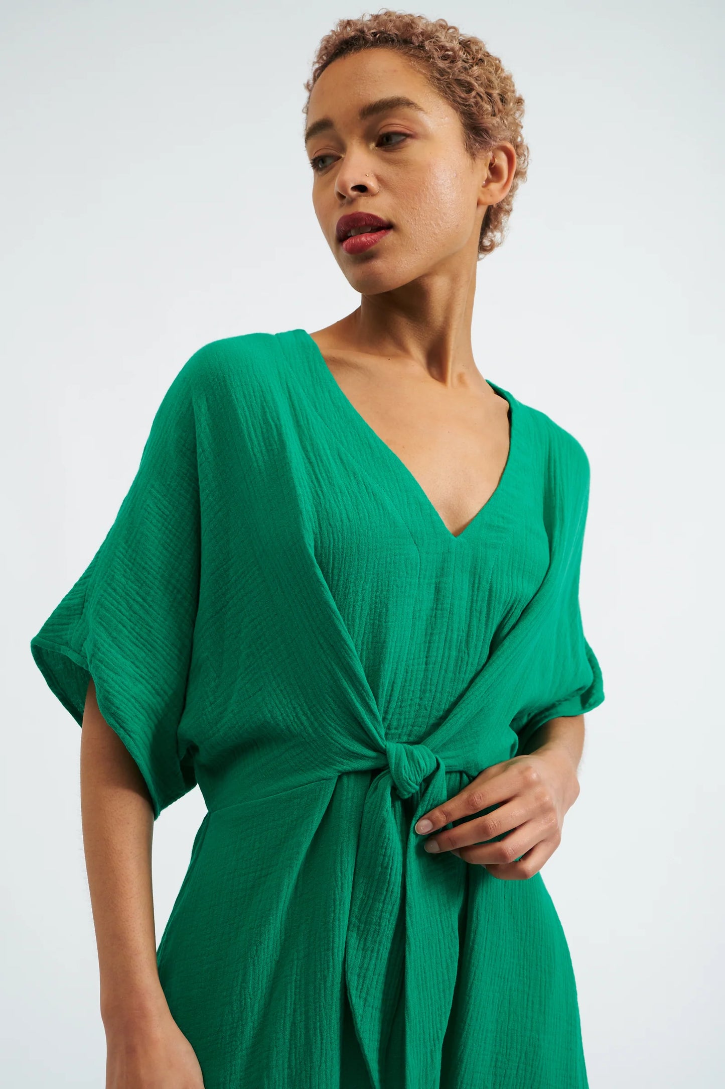 Elody Double Gauze Tie Waist Midi Dress - Green