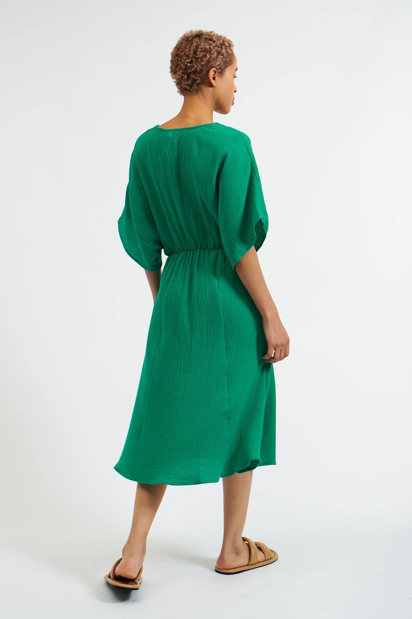 Elody Double Gauze Tie Waist Midi Dress - Green