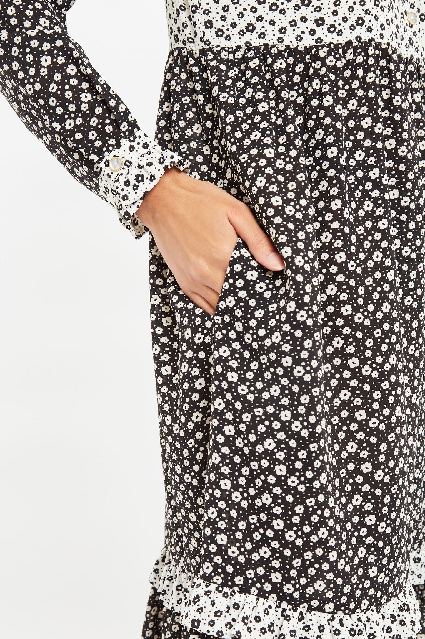 Louche Elsie Flower Spot Print Mix And Match Long Sleeve Tie Midi Dress