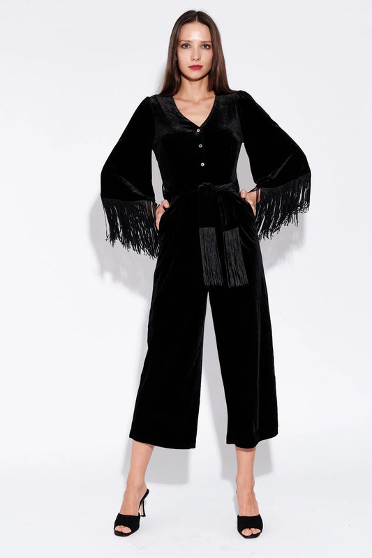 Elvis Fringe Sleeve Velvet Jumpsuit in Black