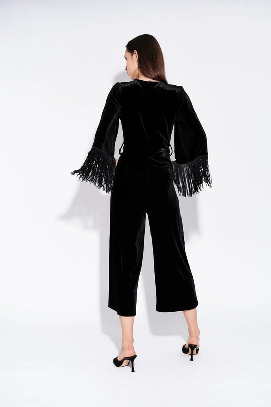 Elvis Fringe Sleeve Velvet Jumpsuit in Black