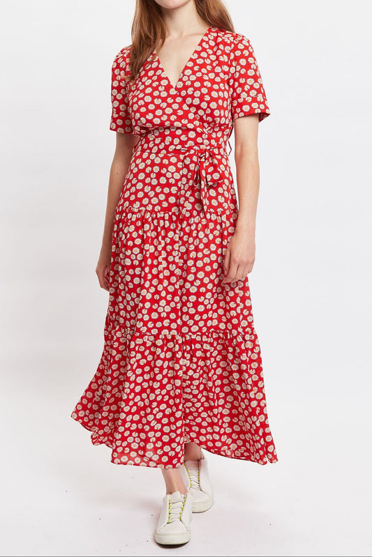 Louche Emin Daisy Dancer Print Short Sleeve Tie Midi Dress - Red